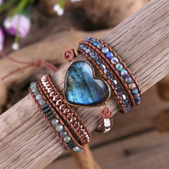 Natural Galaxy Sea Sediment Jasper Stone Bracelet Gemstone Heart Charm  Handmade | eBay