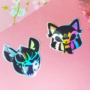 Angry red Panda and Hyena Holo Stickers