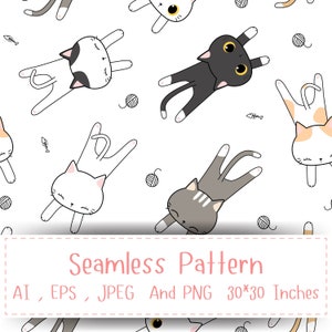 Könnte beinhalten: Ein nahtloses Muster mit niedlichen Cartoon-Katzen in verschiedenen Posen, darunter auf dem Kopf stehend, mit schwarzem, weißem, grauem und orangefarbenem Fell. Der Hintergrund ist weiß und die Katzen sind schwarz umrandet. Das Muster enthält kleine Details wie Wollknäuel und Fischgräten.