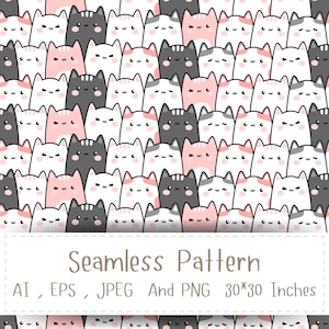 Naadloos patroon met schattige cartoonkat: digitale download voor stof, printables, briefpapier en aangepaste producten