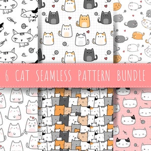 Bundel met schattige cartoon kat naadloze patroon - leuk en grillig ontwerp digitale download voor stof, printables, briefpapier en aangepaste producten