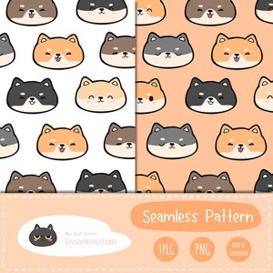 May include: Seamless pattern featuring repeating cartoon Shiba Inu dog faces in various colors, including black, brown, and tan, on white and peach backgrounds. The design includes the text "Seamless Pattern" and "Non AI Generated".