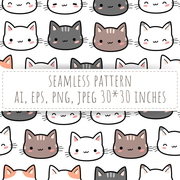Cute Cat Kitten Heads Childish Cartoon Doodle Seamless Pattern background wallpaper digital printable ai eps png jpeg **BIG FILE**