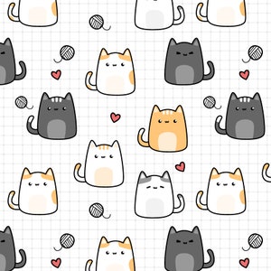Cute Adorable Cat Kitty Cartoon Doodle Seamless Pattern Collection ...