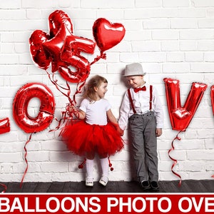 Superposiciones de globos de aluminio rojo para Photoshop, superposiciones de fotos de fiesta, imágenes prediseñadas de globos con letras, imágenes PNG de globos, imágenes prediseñadas de globos de cumpleaños
