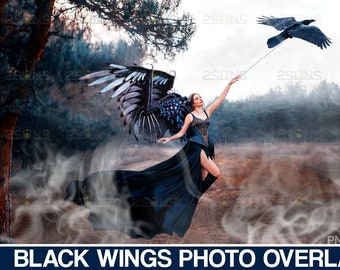 Wings photoshop overlays, Black digital angel wings Photo overlay, Halloween overlay, Feather angel wings png, Fairy wings photo overlay