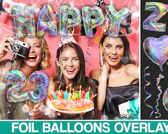 Superposiciones de globos de aluminio para Photoshop, superposiciones de fotos de fiestas, imágenes prediseñadas de globos con letras, imágenes PNG de globos, imágenes prediseñadas de globos de cumpleaños