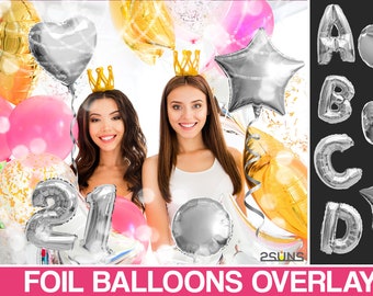 Sovrapposizioni di photoshop di palloncini foil, sovrapposizioni di foto di feste, clipart di palloncini con lettere, sovrapposizioni di palloncini png, clipart di palloncini di compleanno