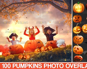 May include: A digital download of 100 Halloween pumpkin photo overlays. The overlays feature various styles of pumpkins, including carved, painted, and traditional. The pumpkins are in different colors, including orange, green, and white. The overlays are perfect for adding a festive touch to your Halloween photos.