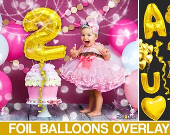 Sovrapposizioni di photoshop di compleanno, clipart di palloncini, sovrapposizioni di foto di palloncini d'oro, sovrapposizioni di lettere di palloncini, file png di palloncini numerici