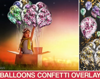 Konfetti Photoshop Ballons, Ballons Foto Overlays, Ballons Clip Art, Geburtstag Photoshop Overlays, Folienballons Clipart