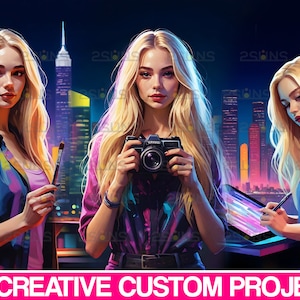 Puede incluir: Tres mujeres con cabello rubio se muestran en un entorno urbano. La mujer de la izquierda sostiene un pincel, la mujer del medio sostiene una cámara y la mujer de la derecha usa un lápiz óptico en una tableta. El texto "BIG CREATIVE CUSTOM PROJECT" está en la parte inferior de la imagen.