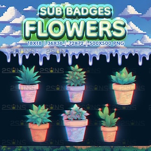 6 Flower Pot sub badges, Plant Twitch badges, Pot Plant sub badge, Badges For Streamer Discord, 3d magic flowers farm pack png