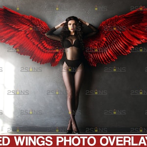 Superposiciones de alas para Photoshop, superposición de fotos de alas de ángel digitales rojas, superposición de Halloween, alas de ángel con plumas PNG, superposición de fotos de alas de hada