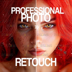 May include: Before and after photo retouching. The image shows a woman with red hair. The left side of the image shows the original photo with visible blemishes and wrinkles. The right side of the image shows the retouched photo with a smooth complexion.