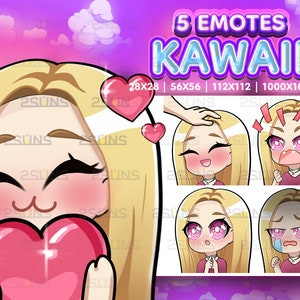 Girl Chibi EMOTES 5, Twitch overlay Emotes, smile Emotes Pack, Emotes For Streamer, Emotes Discord, Cute Kawaii Chibi Blonde hair, Emoji PNG