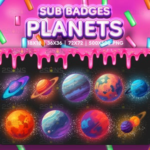 Puede incluir: Un conjunto de ocho planetas de dibujos animados coloridos con anillos, sobre un fondo negro con estrellas blancas. Los planetas son de varios tamaños y colores, incluyendo azul, verde, rojo, naranja y morado. El texto "SUB BADGES PLANETS" está en la parte superior de la imagen, con los tamaños de las imágenes enumerados debajo.