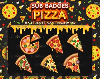 6 Yummy sub badges, Cute Pizza Slice Twitch badges, Pizza sub badge, Badges For Streamer Discord, Food Kawaii pack png