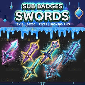 6 RPG Swords sub badges, Halloween Twitch badges ice, sword bit badge, Badges For Streamer Discord, Ice Swords Emotes badges pack png