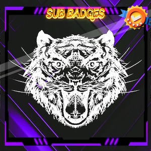 May include: Digital graphic featuring a white tiger head on a black and purple background. The text "SUB BADGES" is at the top. A badge with stars is in the upper right corner. The design has a modern, digital art style.