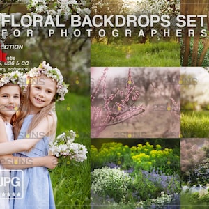 May include: A set of floral backdrops for photographers, featuring a variety of spring blooms and lush greenery. The backdrops are perfect for creating beautiful and natural-looking photos.