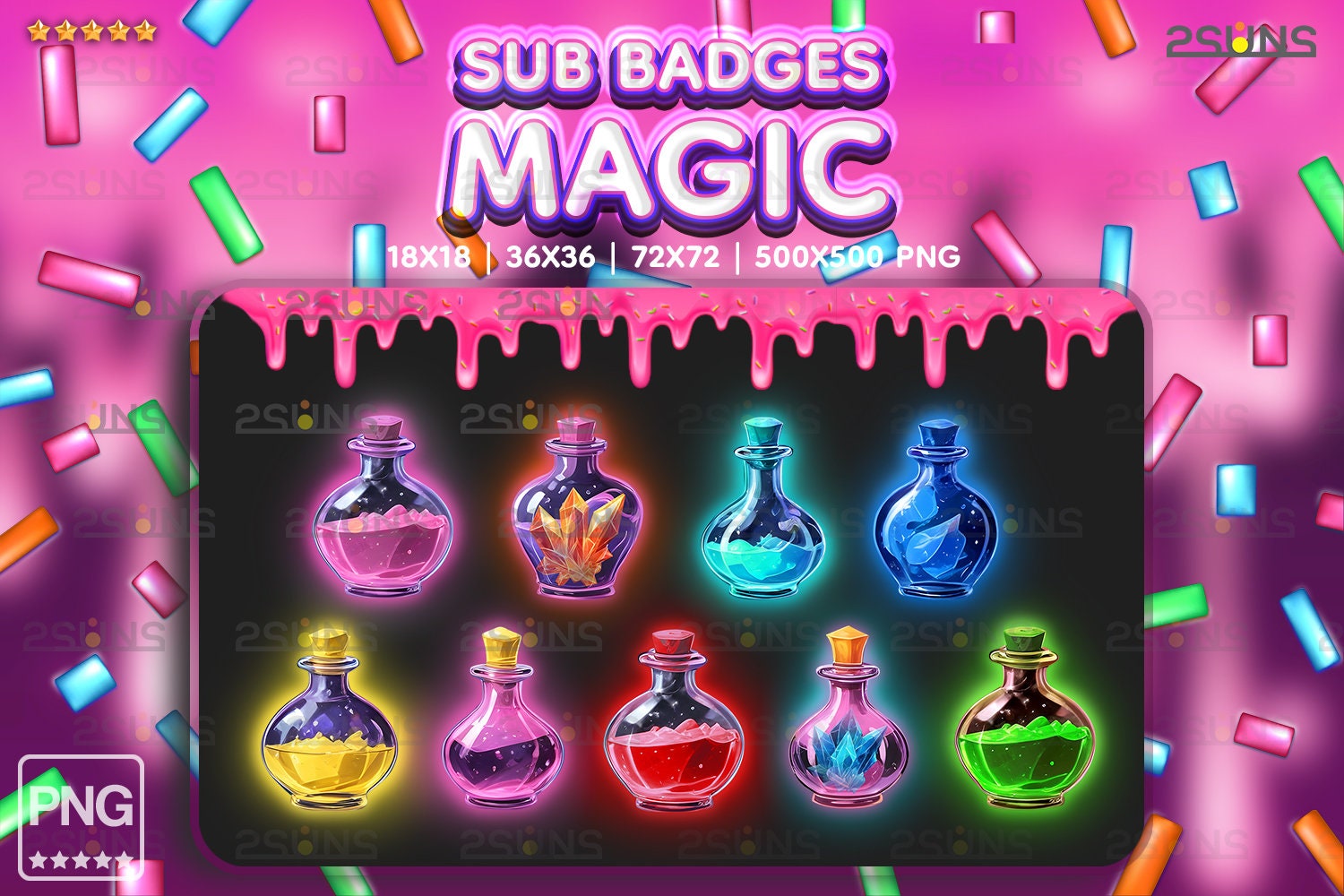 9 subbadges toverdrank, Сrystal Twitch-badges, subbadge magisch kristal, badges voor streamer Discord, edelsteenpakket gekleurd toverdrank, edelsteenpakket png
