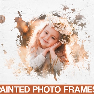 May include: A painted photo frame with a white background and a girl wearing a flower crown. The frame has a watercolour effect with brown and white splatters.