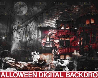 Halloween backdrop, Halloween background, Scary Halloween photo prop, photoshop overlays, Halloween pumpkin digital backdrop, Scary castle