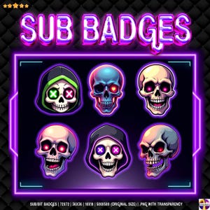 May include: A digital graphic featuring six skull-themed sub badges in various colors, including blue, green, and white. The text "SUB BADGES" is displayed at the top in a neon-style font. The image includes the text "SUB/BIT BADGES | 72X72 | 36X36 | 18X18 | 500X500 (ORIGINAL SIZE) | .PNG WITH TRANSPARENCY".