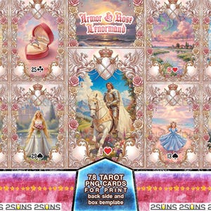 Op de afbeelding: Een set van 78 tarot PNG-kaarten om af te drukken, met romantische en fantasie-illustraties. De kaarten hebben een decoratieve rand met rozen en kronen. De tekst "Armor & Rose Lenormand" is zichtbaar. De onderkant van de afbeelding toont "78 Tarot PNG Cards for Print".