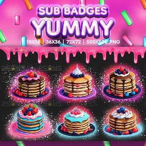 6 Yummy sub badges, Cute Cakes Twitch badges, PANCAKES sub badge, Badges For Streamer Discord, Rainbow Cakes Kawaii pack png