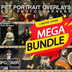 MEGA PAQUETE Plantillas de Photoshop para retratos de mascotas reales, fondo para retratos de mascotas, pintura digital de mascotas, retratos de perros reales, superposiciones de Photoshop