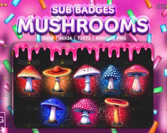 8 odznak sub grzybów, odznaki grzybów Twitch, odznaka sub borowika Kawaii, odznaki dla streamerów Discord, pakiet słodkiego Kawaii png