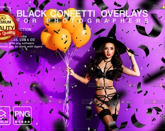 Halloween-overlay, zwarte confetti-overlay, foto-overlays verjaardagsfeestje, Photoshop-overlays, confetti transparant, Halloween-confettien png