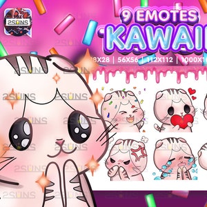 9 EMOTES de gato chibi, Pack de Emoticones para Twitch, Emoticones de sonrisa, Emoticones para streamers, Pack de Emoticones para Discord, Gatito chibi kawaii adorable, Emoji de gatito PNG