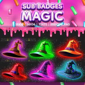 6 sous-insignes magiques chapeau de sorcière, badges Halloween Twitch, sous-insigne magique sorcière, badges pour Streamer Discord, pack coloré Magic Hat néon png thumbnail