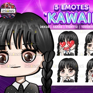 Puede incluir: Cinco emoticonos kawaii de una niña con cabello negro y un vestido blanco y negro. La niña tiene diferentes expresiones, incluyendo corazones por ojos, una expresión de sorpresa, un ceño fruncido y una expresión de enojo. Los emoticonos están en un formato de cuadrícula con el texto "5 EMOTES KAWAII" encima de la cuadrícula. El texto "28X28 | 56X56 | 112X112 | 1000X1000 PNG" está debajo de la cuadrícula.