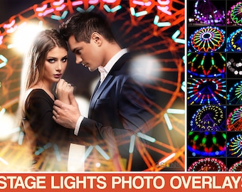 May include: A couple poses in front of a blurred background of colorful stage lights. The lights are arranged in a circular pattern, resembling a Ferris wheel. The image is labeled "STAGE LIGHTS PHOTO OVERLAYS".