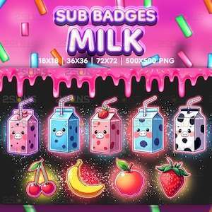 9 lekkere sub-badges, Milk Twitch-badges, Kawaii Fruit-subbadge, badges voor streamer Discord, Japans schattig kawaii-pakket, kawaii-pack png