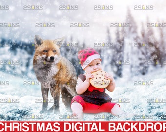 Christmas digital backdrop, Christmas overlay, Red fox photoshop overlays, digital backdrop, Winter fox in the snow, Christmas Backdrop