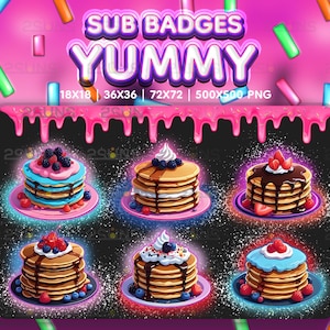 6 Yummy sub badges, Cute Cakes Twitch badges, PANCAKES sub badge, Badges For Streamer Discord, Rainbow Cakes Kawaii pack png