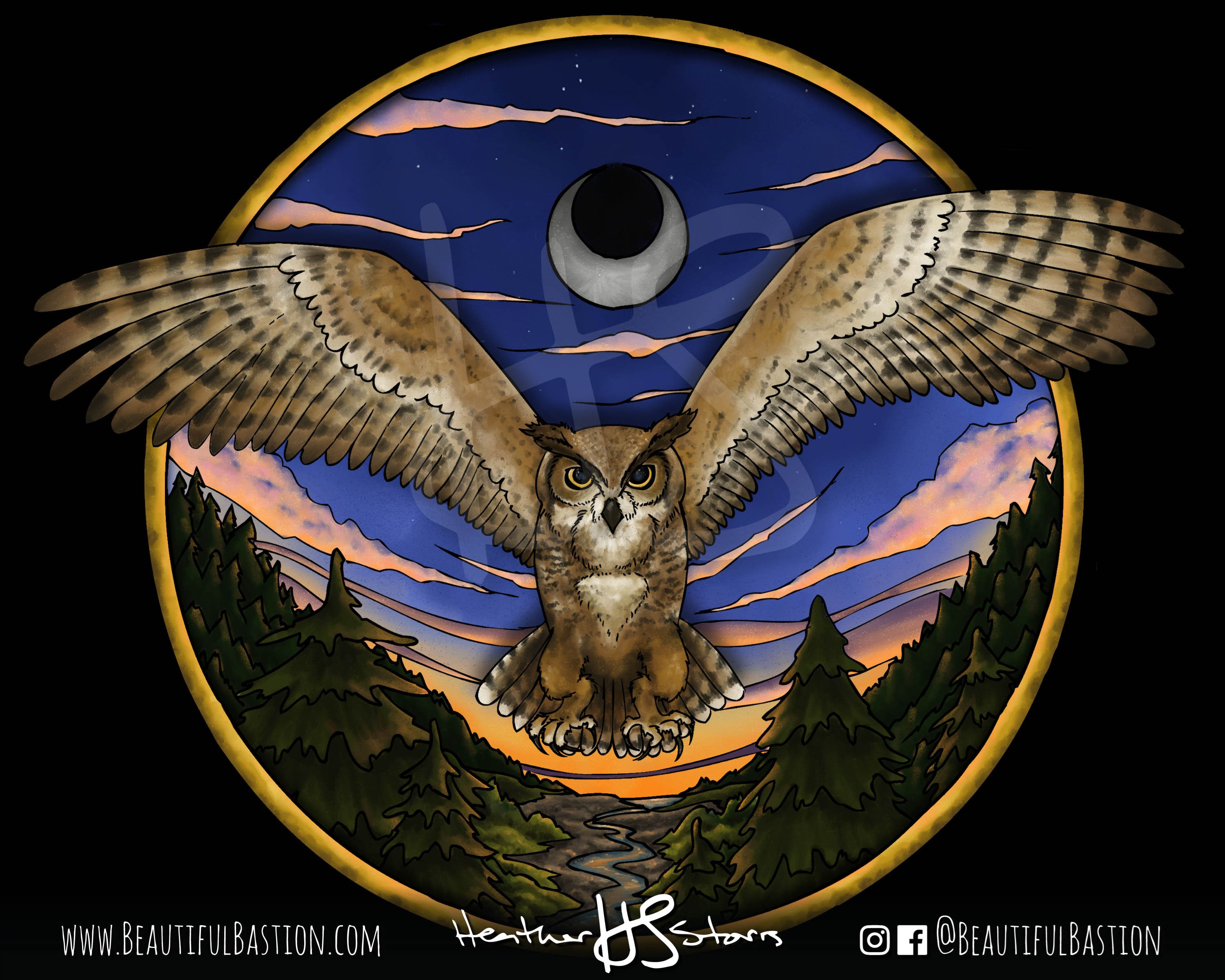 Great Horned Owl Totem Circle Wall Art Bird Animal Artwork Etsy