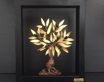 Golden Olive tree in wooden frame, Home Decor, Decoration Gift, Art Deco Sculpture, Olive Tree Art, Greek Decoration, Olive Tree Sculpture