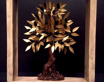 Golden Olive tree in wooden frame, Home Decor, Art Deco Sculpture, Decoration Gift, Olive Tree Art, Sculpture Tree Art, Greek Olive Tree