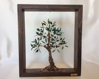 Olive tree in wooden frame, Home Decor, Art Deco Sculpture, Decoration Gift, Olive Tree Art, Sculpture Tree Art, Greek Olive Tree