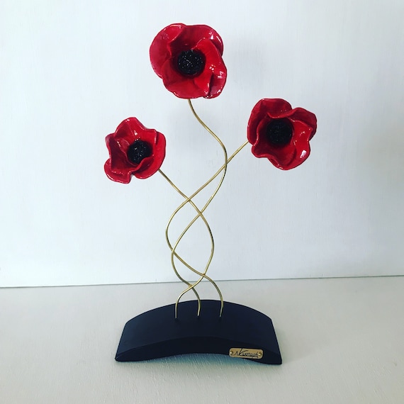 Red Poppies on Wooden Base, Home Decor, Art Deco, Flower Decor, Greek Decoration, Poppies Sculpture, Poppy Art, Flower Art, Spring Decor