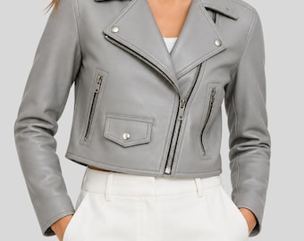 Grey Cropped Sheepskin Leather Biker Jacket - Women's Moto Jacket- Winter Outfit- Handmade Luxury Outerwear
