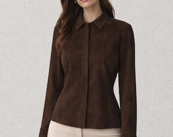 Brown Suede Shirt Women | Fitted Suede Top | Chocolate Brown Suede Blouse | Luxury Suede Shirt Jacket | Soft Suede Button Up Shirt