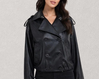 Black Leather Crop Jacket Women | Double Breasted Leather Coat | Black Leather Biker Jacket | Street Style Outerwear