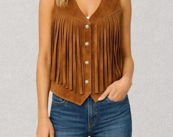 Bruin suède vest met franje dames | Gilet met westernfranje | Boho suède hemd| Countryfestivaloutfit